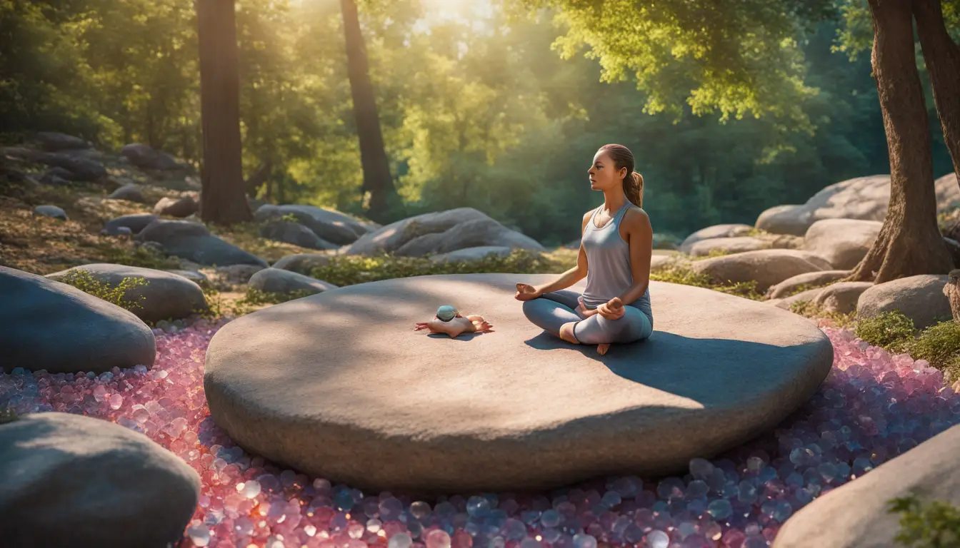 Pessoa meditando em posição de lótus em uma rocha cercada por cristais coloridos em um ambiente natural ao ar livre.