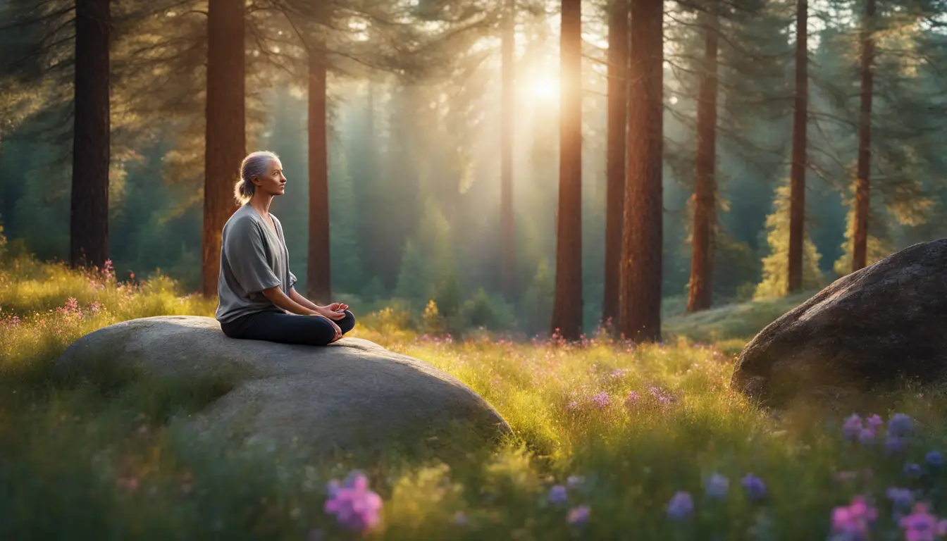 Praticante de meditação em uma clareira de floresta cercada por pinheiros e flores, com luz do sol dourada filtrando pelas árvores.