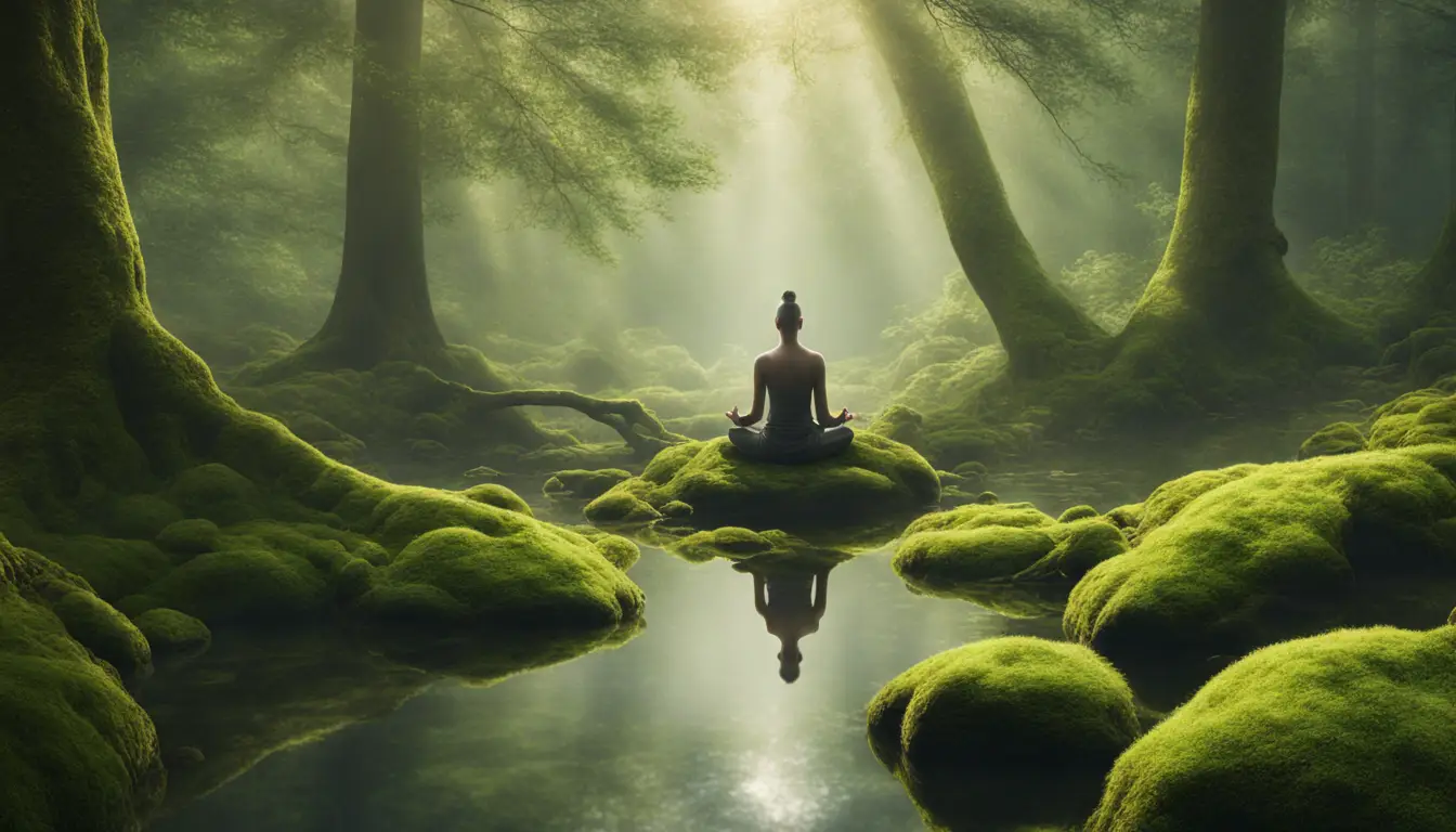 Pessoa meditando em uma rocha coberta de musgo em uma floresta, com árvores altas e um pequeno lago ao fundo.