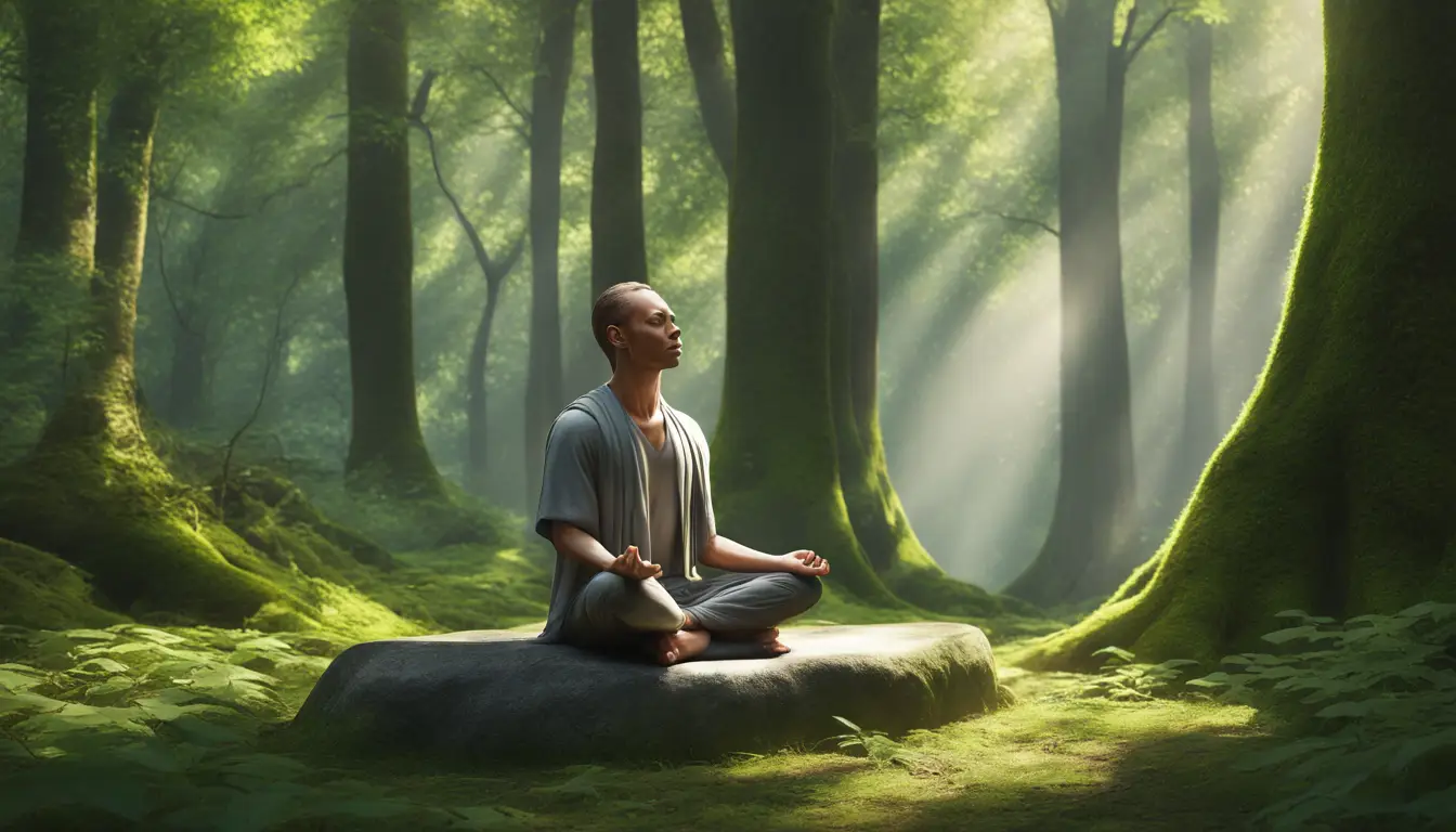 Pessoa meditando em uma floresta verdejante, sentada em uma pedra cinza, cercada por árvores altas e luz solar suave.