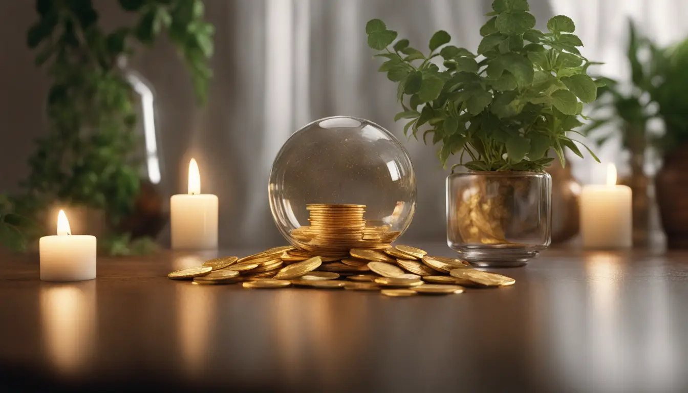 Mesa com moedas de ouro, plantas verdes, vela acesa à direita e bola de cristal à esquerda refletindo a luz.