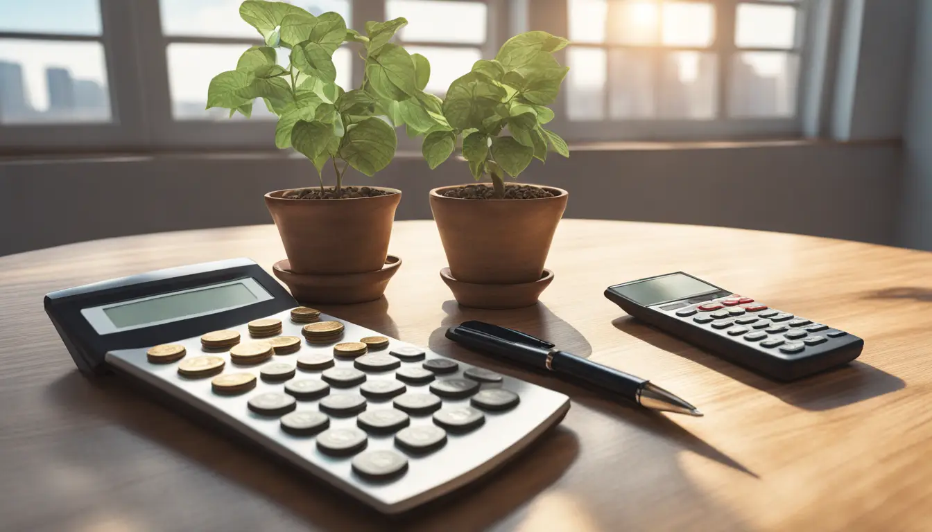 Mesa de madeira com moedas, notas de dólar, calculadora e pequena planta, simbolizando crescimento financeiro.