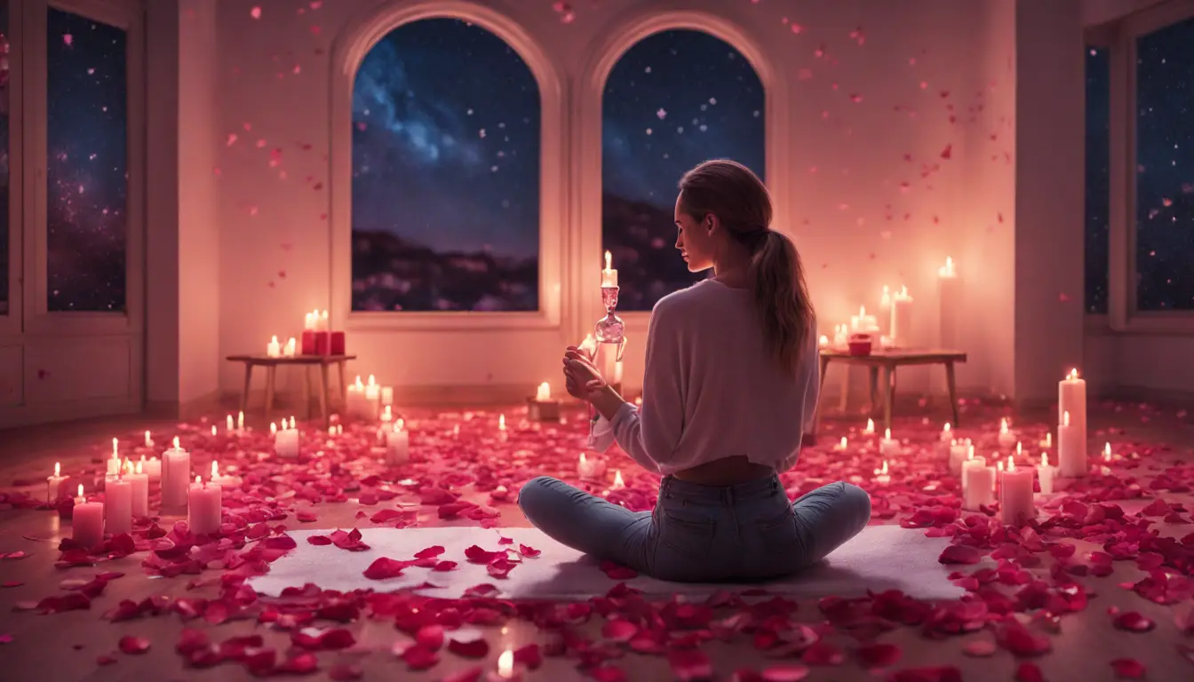 Mulher jovem em sala de estar com velas acesas e pétalas de rosa, segurando frasco de vidro com líquido rosa.