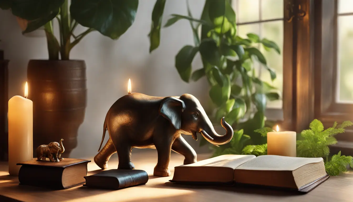 Cena em um quarto aconchegante com mesa de madeira, vela dourada, elefante de jade e livro de couro sob luz solar suave.