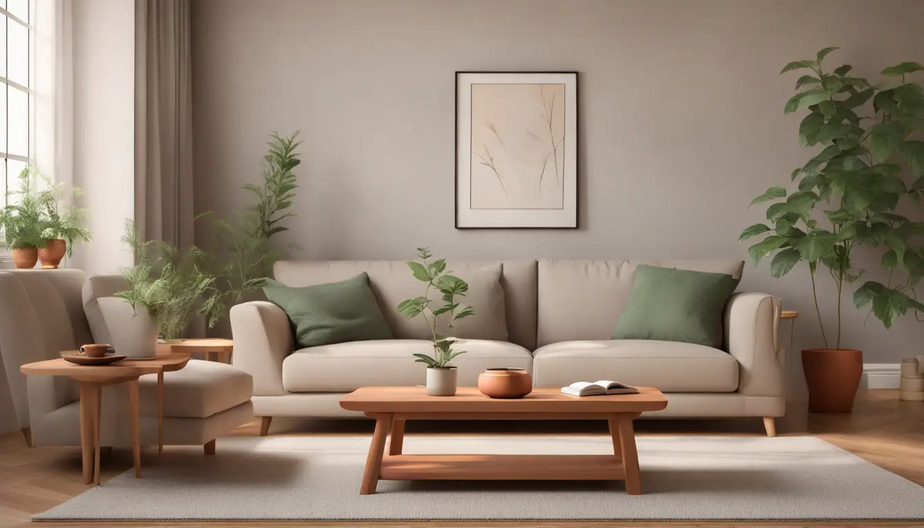 Interior de uma sala de estar aconchegante com sofá bege, mesa de centro de madeira, chá de ervas e planta verde.