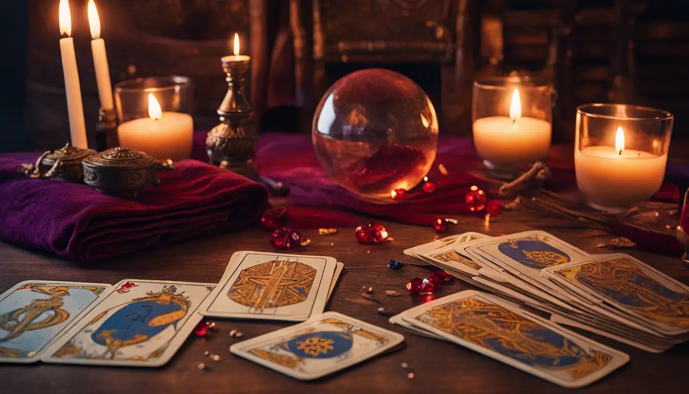 Mesa com cartas de Tarô de Marselha em fundo de veludo roxo e esfera de cristal iluminada por velas em ambiente místico.