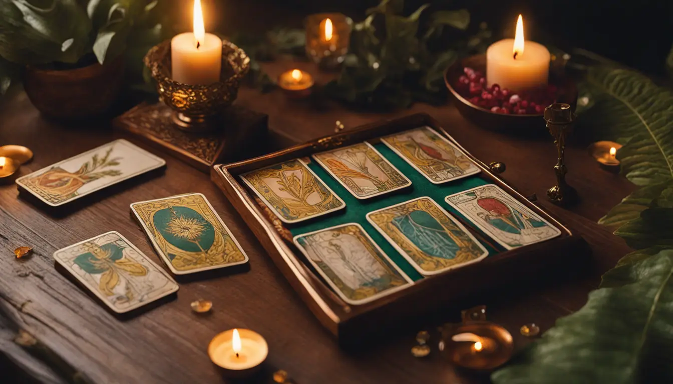 Conjunto de cartas de tarô em mesa de madeira com vela acesa e cristais ao redor, destacando-se contra fundo de planta verde.