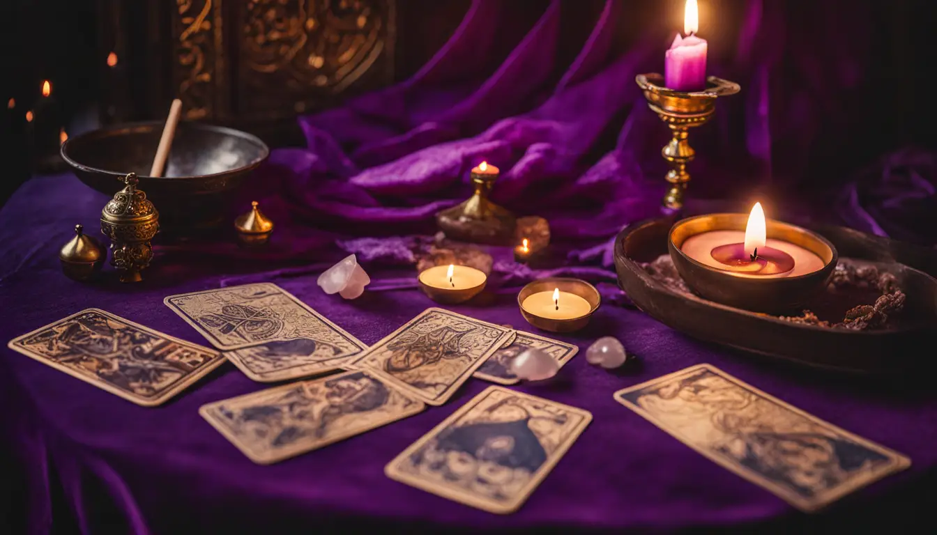 Mesa com toalha de veludo roxa, cartas de tarô, vela acesa, bola de cristal e incensário sob luz suave e quente.