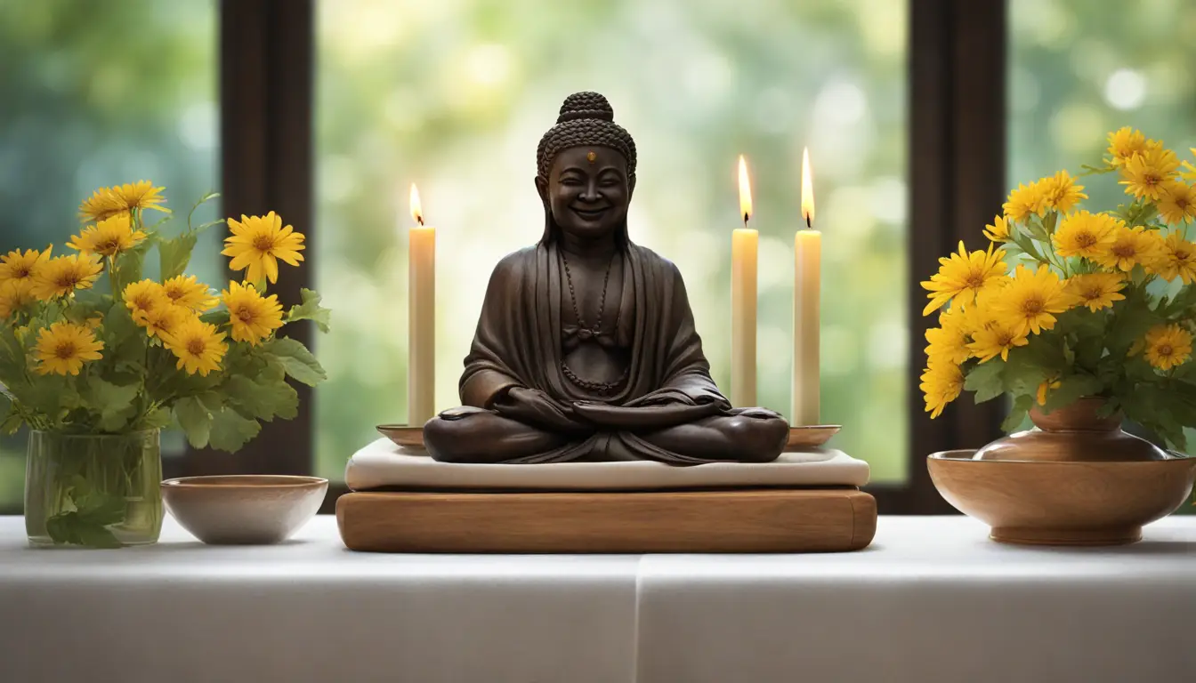 Altar com estátua de orixá, flores amarelas e folhas verdes, velas acesas e tigela de água em pano branco.