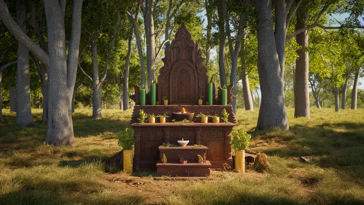 Altar de madeira com velas verdes e douradas e ervas em clareira de floresta com árvores altas e luz solar filtrada.