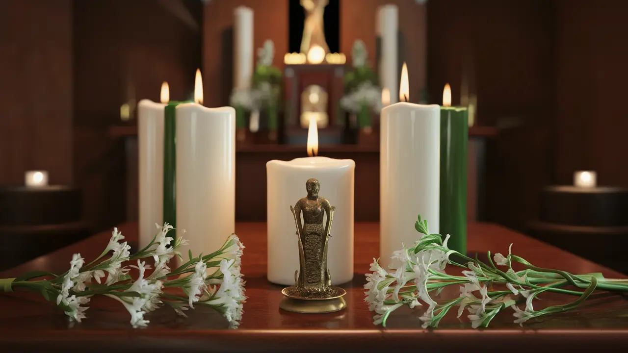 Altar com velas brancas e verdes, pequena estátua de orixá e flores brancas frescas em mesa de madeira.