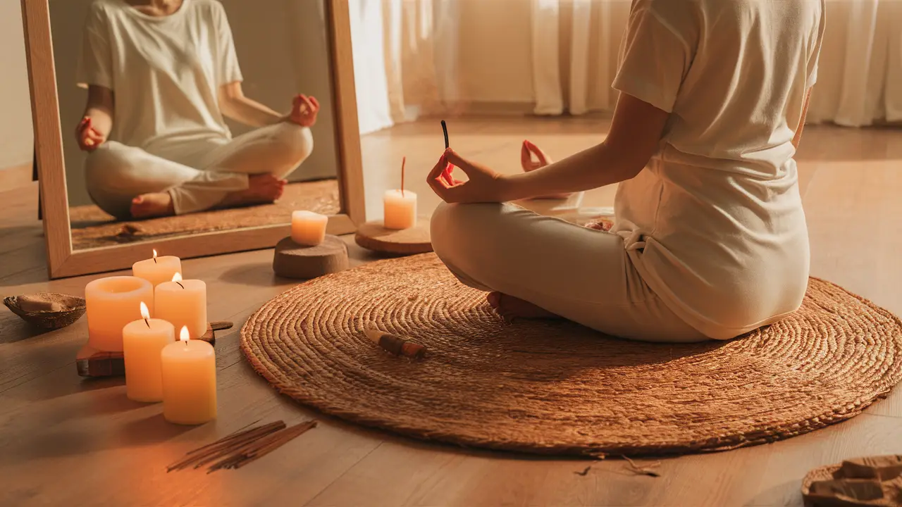 Pessoa meditando em um tapete redondo cercado por velas e incenso em um ambiente acolhedor.