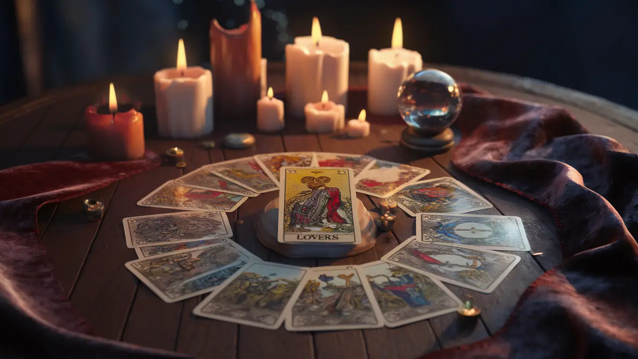 Cartas de tarot espalhadas em mesa de madeira, com carta dos Amantes ao centro, velas acesas e bola de cristal ao lado.