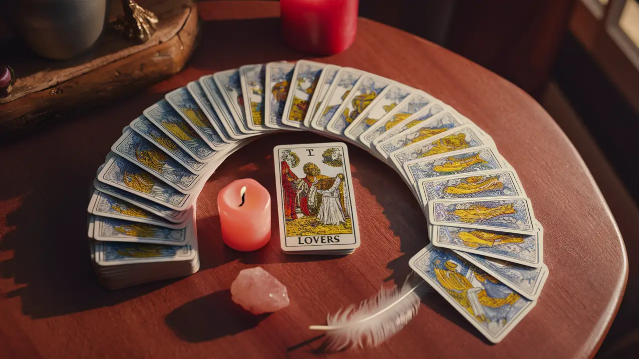 Cartas de tarô dispostas em semicírculo em uma mesa de madeira, com a carta dos Amantes no centro, um cristal rosa e uma vela vermelha.