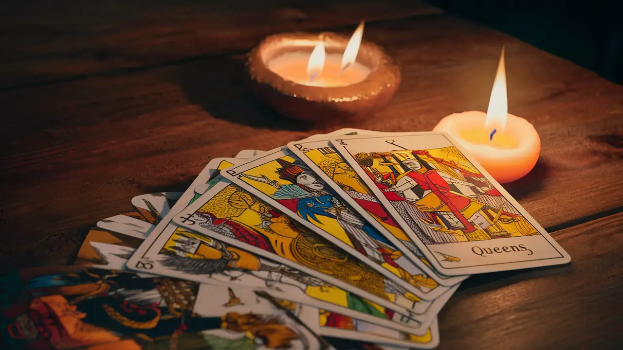 Cartas de tarot dispostas em forma de leque sobre uma mesa de madeira com ilustrações vibrantes e uma vela acesa ao lado.