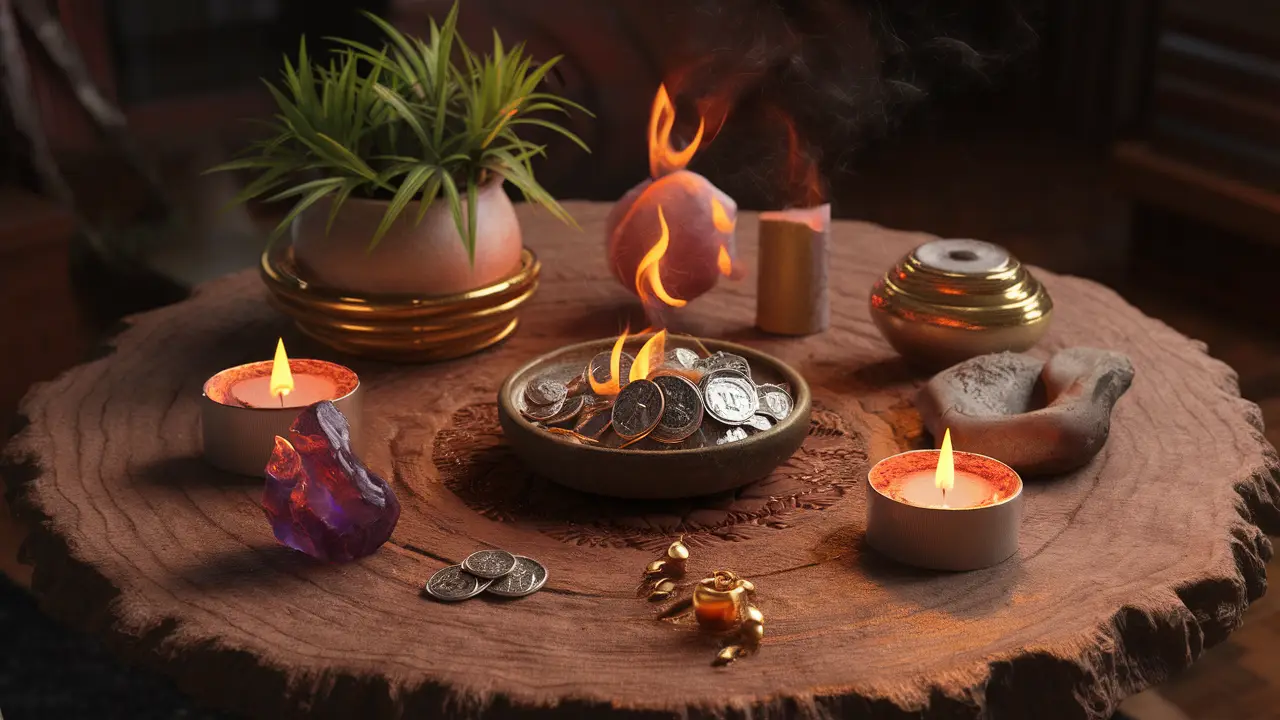 Mesa de madeira com velas, cristal ametista, moedas douradas e incenso em ambiente suavemente iluminado.