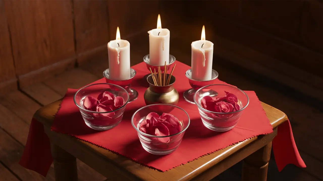 Mesa com toalha vermelha, quatro velas brancas, tigelas com pétalas de rosa e incenso.