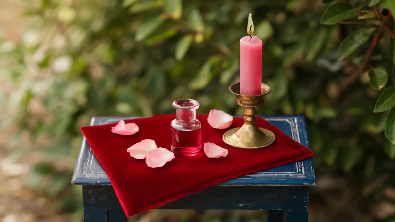 Mesa com toalha vermelha, vela rosa, pétalas de rosa e frasco de vidro com líquido rosa em fundo de folhagem verde.