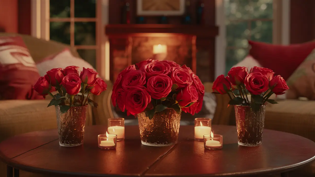 Rosas vermelhas em vasos de vidro sobre uma mesa de madeira iluminada por luz de velas em sala de estar aconchegante.