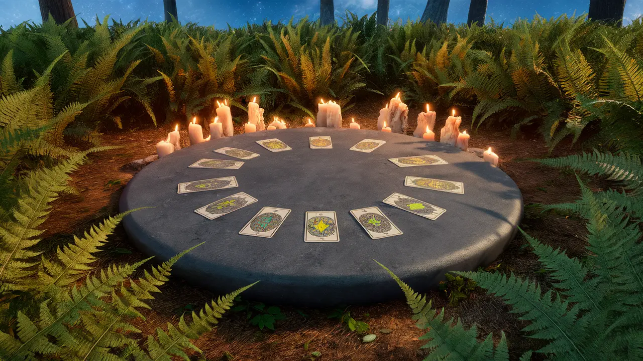 Altar de pedra em floresta com cartas de tarô e velas acesas sob céu estrelado.