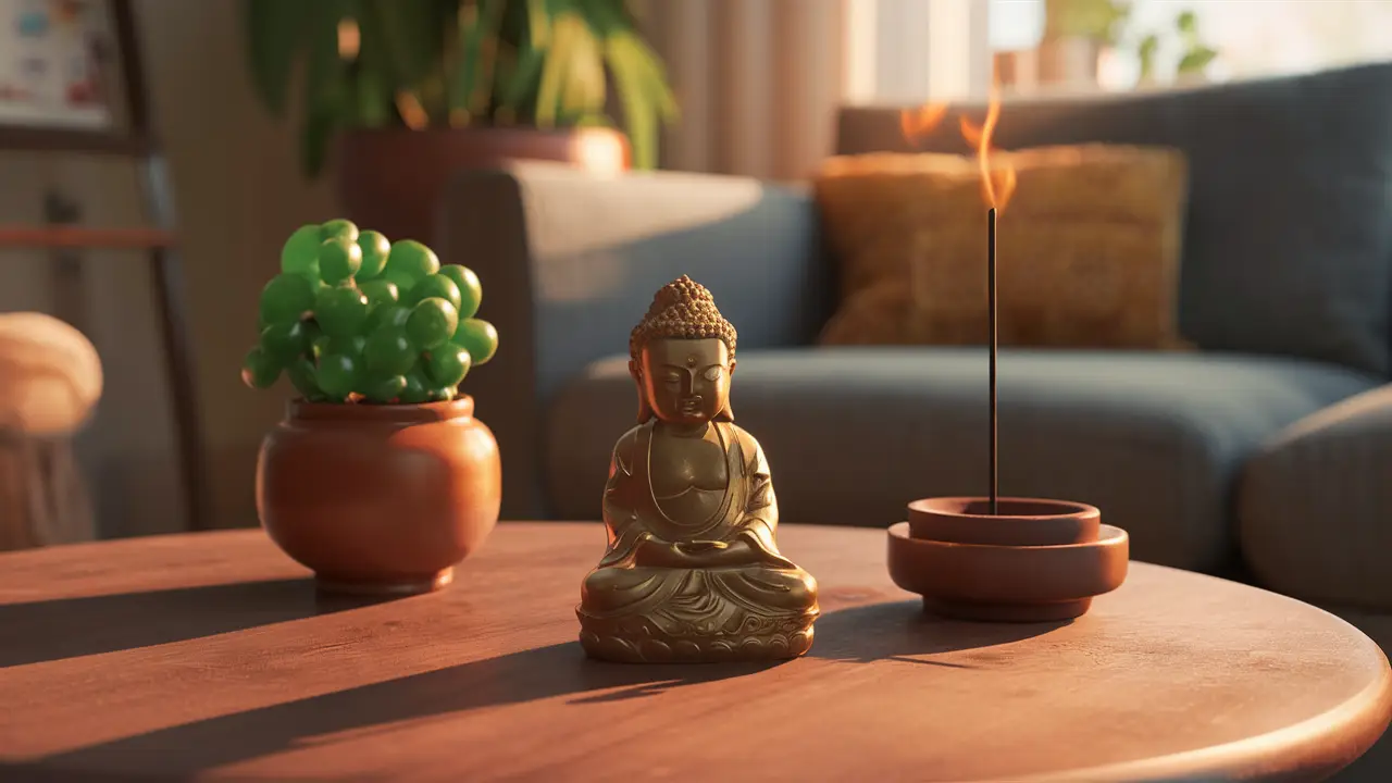 Estátua de Buda dourada em mesa com planta de jade e incenso aceso em sala de estar acolhedora.