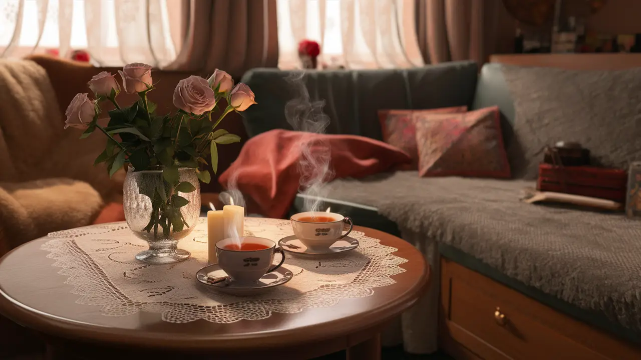 Chá quente em copos sobre mesa de madeira com velas acesas e rosas frescas em vaso de vidro.