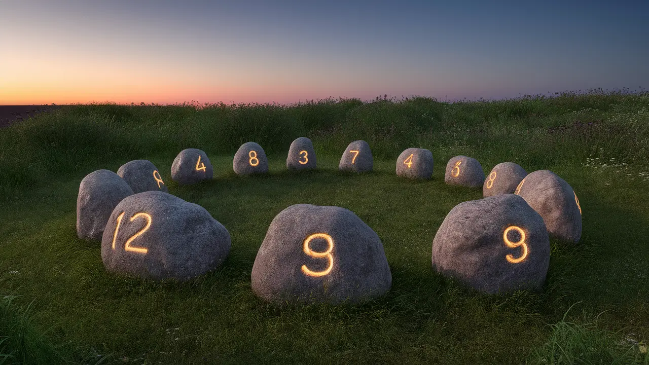 Círculo de pedras antigas com números brilhantes de um a nove ao anoitecer em paisagem serena.