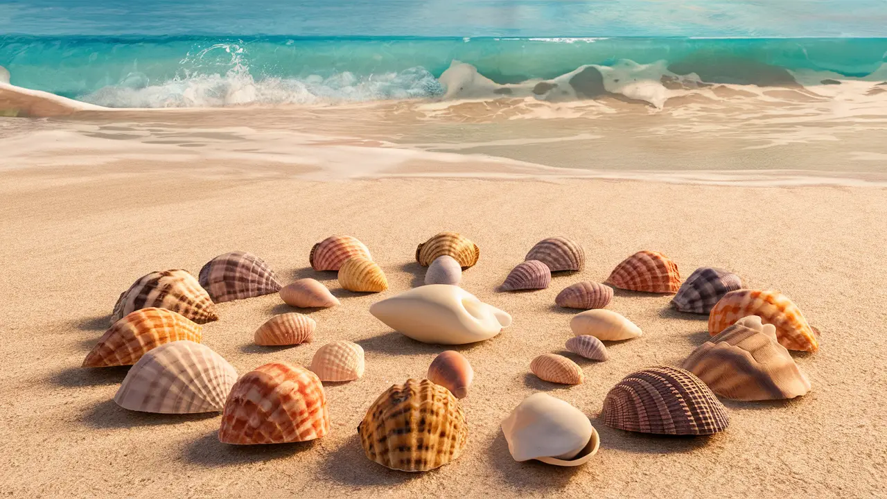 Conchas coloridas em diferentes tamanhos dispostas em círculo na areia com ondas suaves ao fundo.