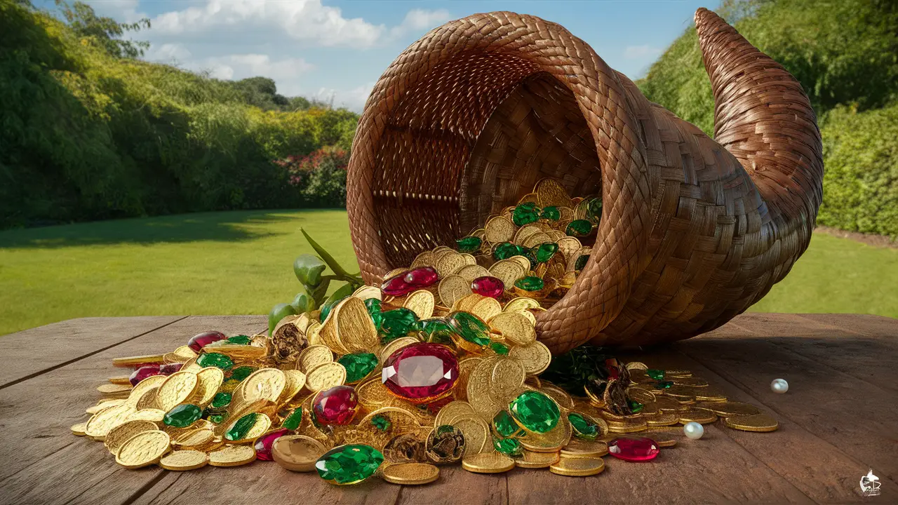 Cornucópia de vime cheia de moedas douradas, esmeraldas, rubis e pérolas em mesa de madeira com jardim ao fundo.