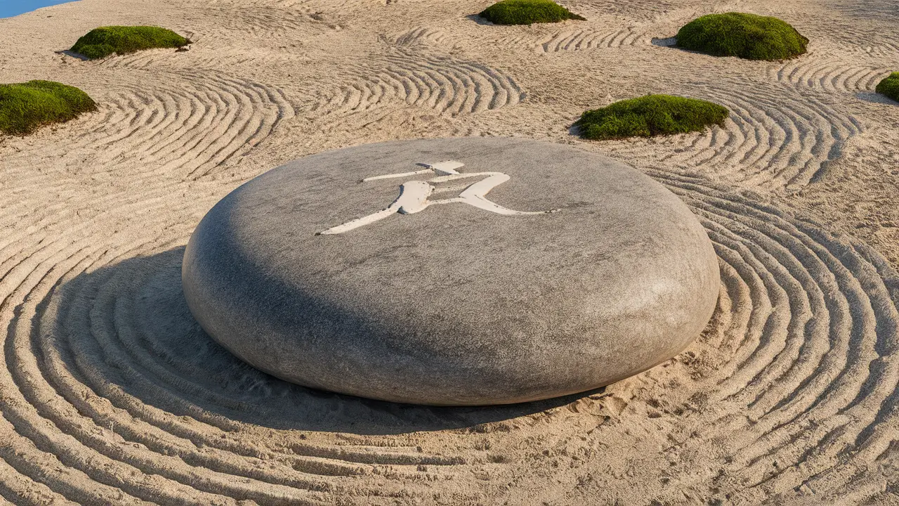 Jardim zen japonês com pedra cinza ao centro, areia branca e musgo verde sob céu azul claro.