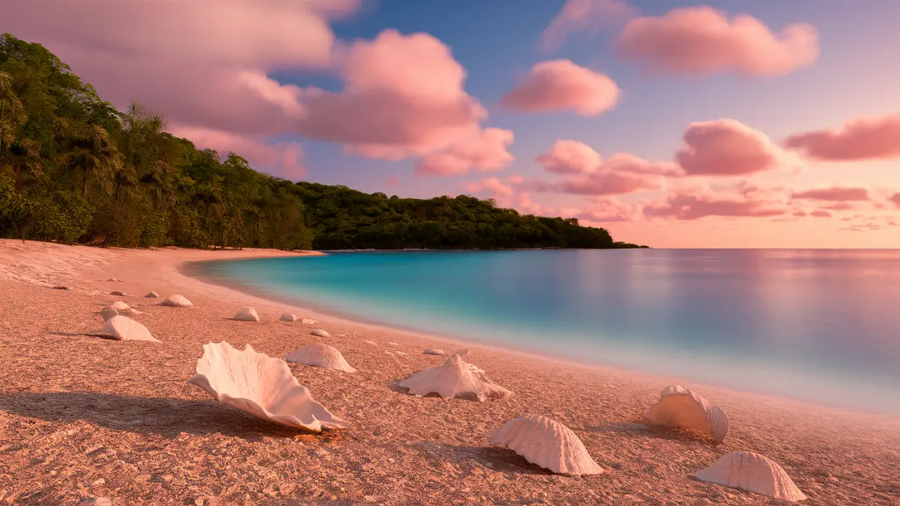 Praia serena ao amanhecer com conchas brancas e água azul-turquesa sob céu laranja claro.