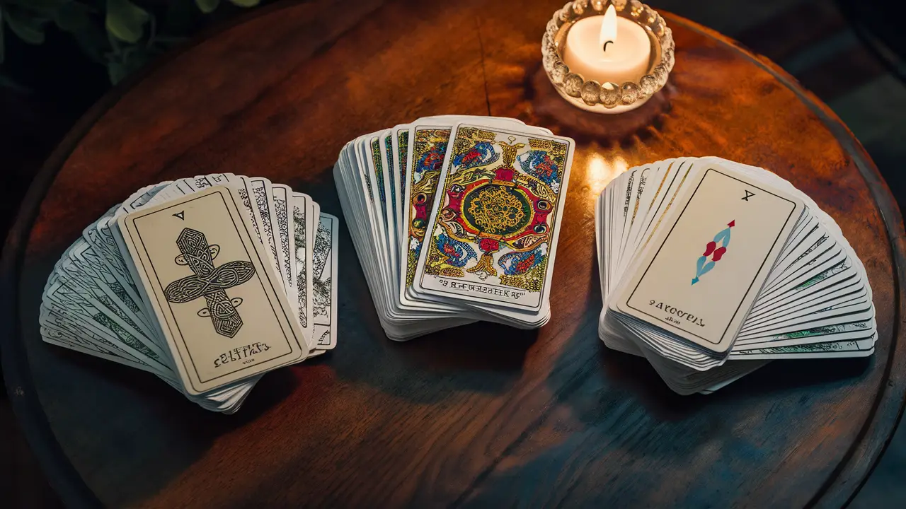 Três baralhos de tarot diferentes em uma mesa de madeira com vela acesa e bola de cristal.