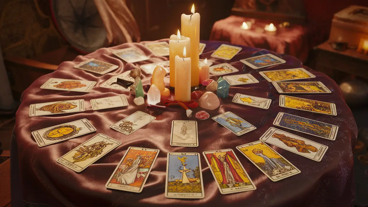 Mesa com baralhos de tarot variados rodeada por velas e cristais em um ambiente iluminado suavemente.
