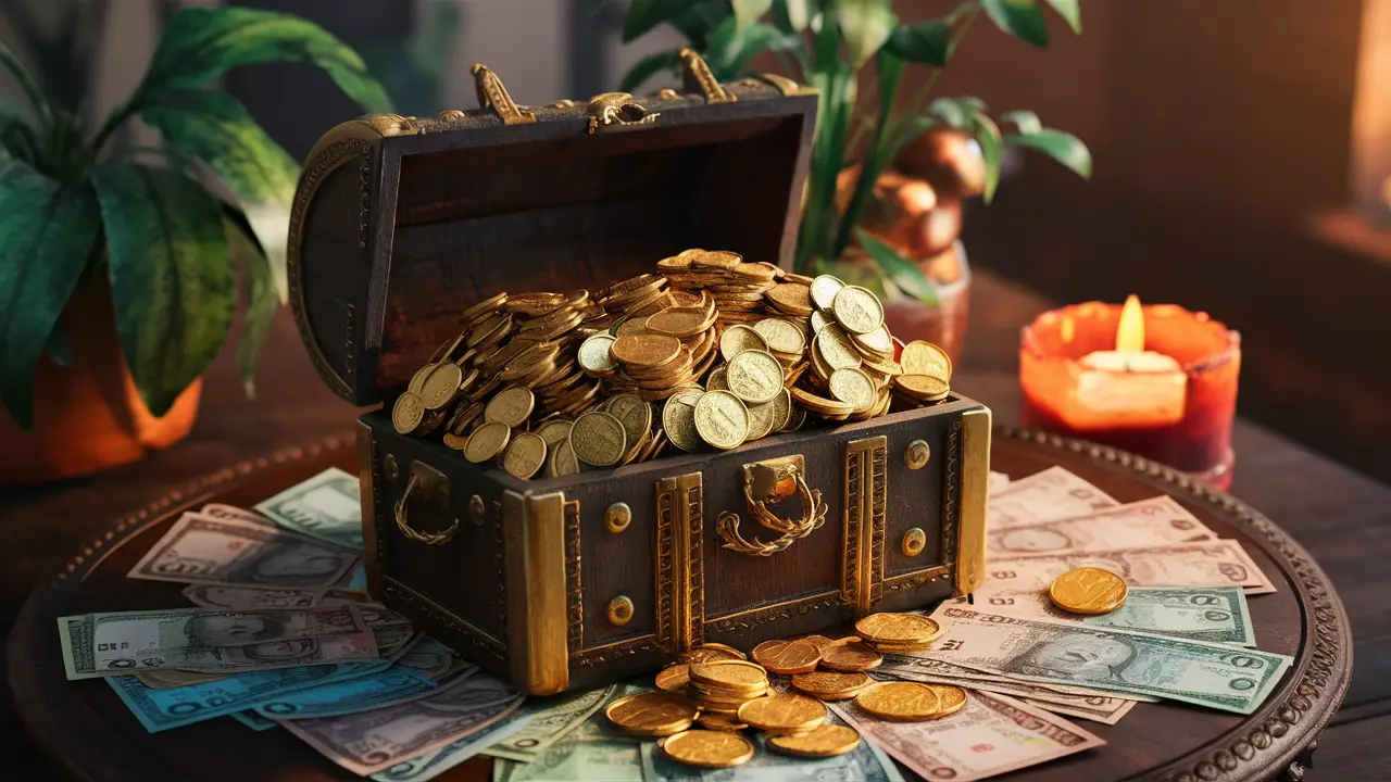 Moedas douradas e notas transbordando de um baú de tesouro aberto em uma mesa de madeira iluminada por velas.