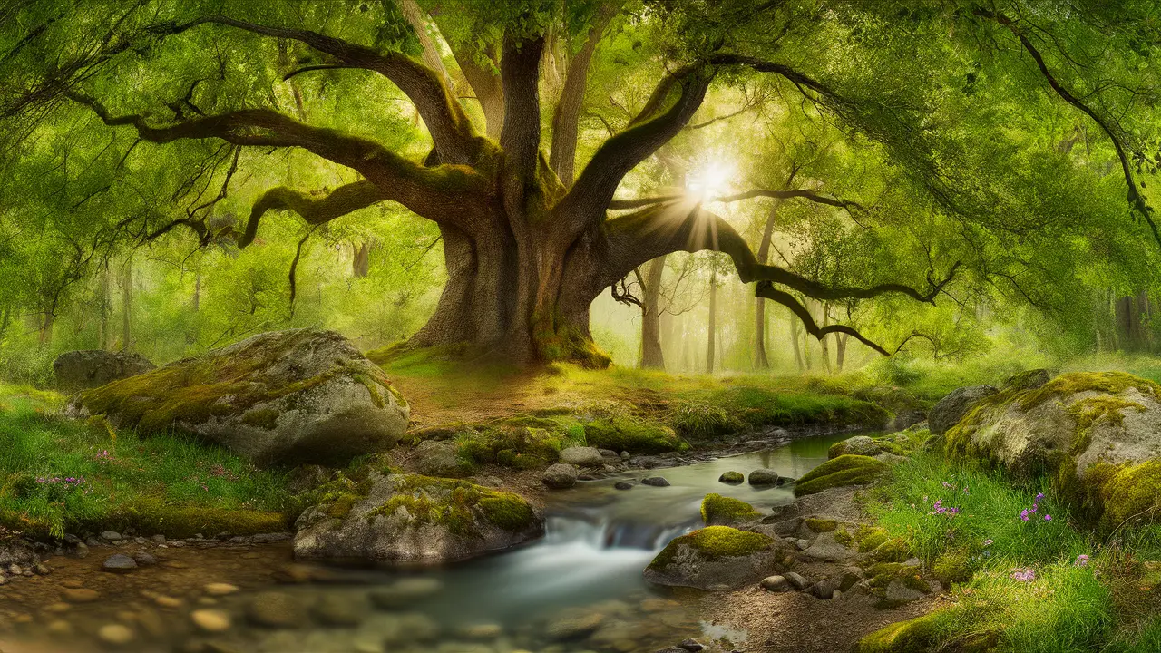 Árvore de carvalho antiga ao amanhecer em uma floresta com riacho e flores silvestres vibrantes.