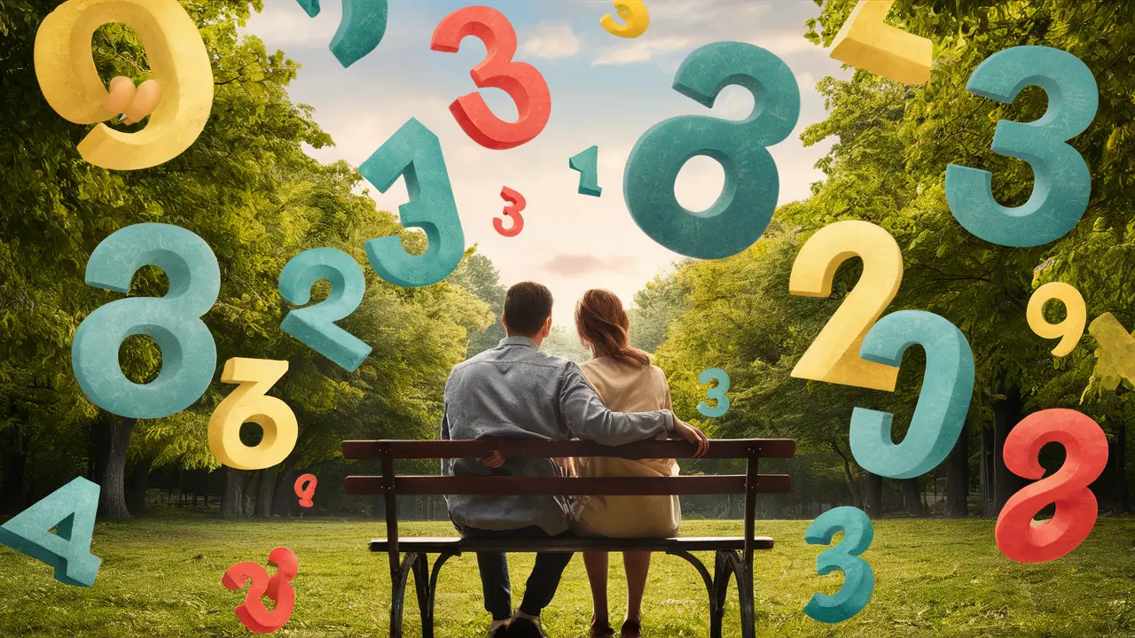 Casal em banco de parque observando números coloridos flutuando ao seu redor, com árvores e céu claro ao fundo.