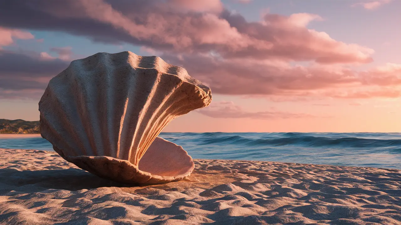 Concha detalhada na areia da praia com ondas e pôr do sol alaranjado ao fundo.