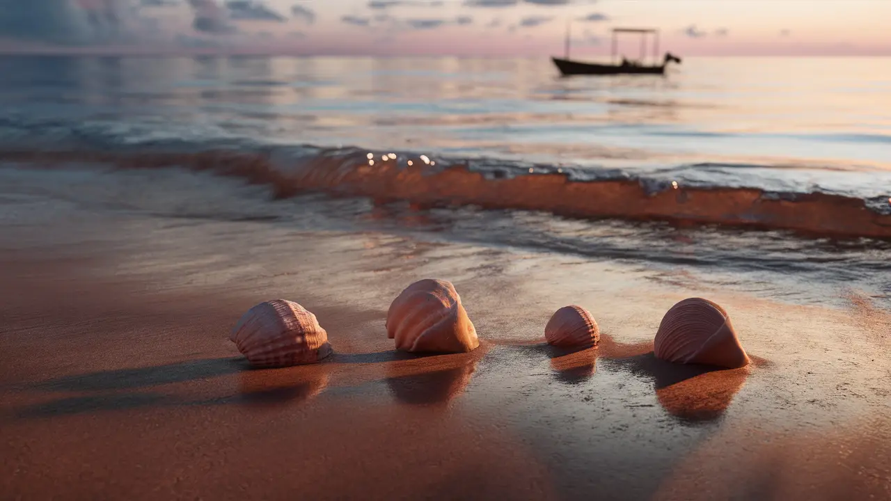 Praia ao entardecer com três búzios na areia e barco de pesca no horizonte.