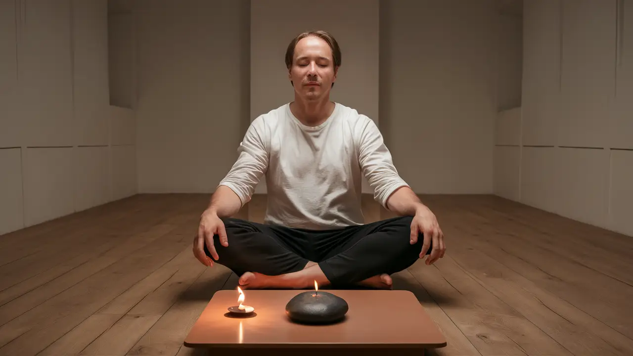 Homem meditando em uma sala minimalista com vela e pedra sobre mesa de madeira clara.