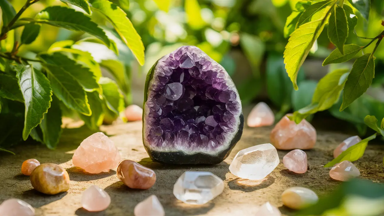 Jardim sereno com grande cristal de ametista cercado por pedras de quartzo rosa e transparente sob luz solar.
