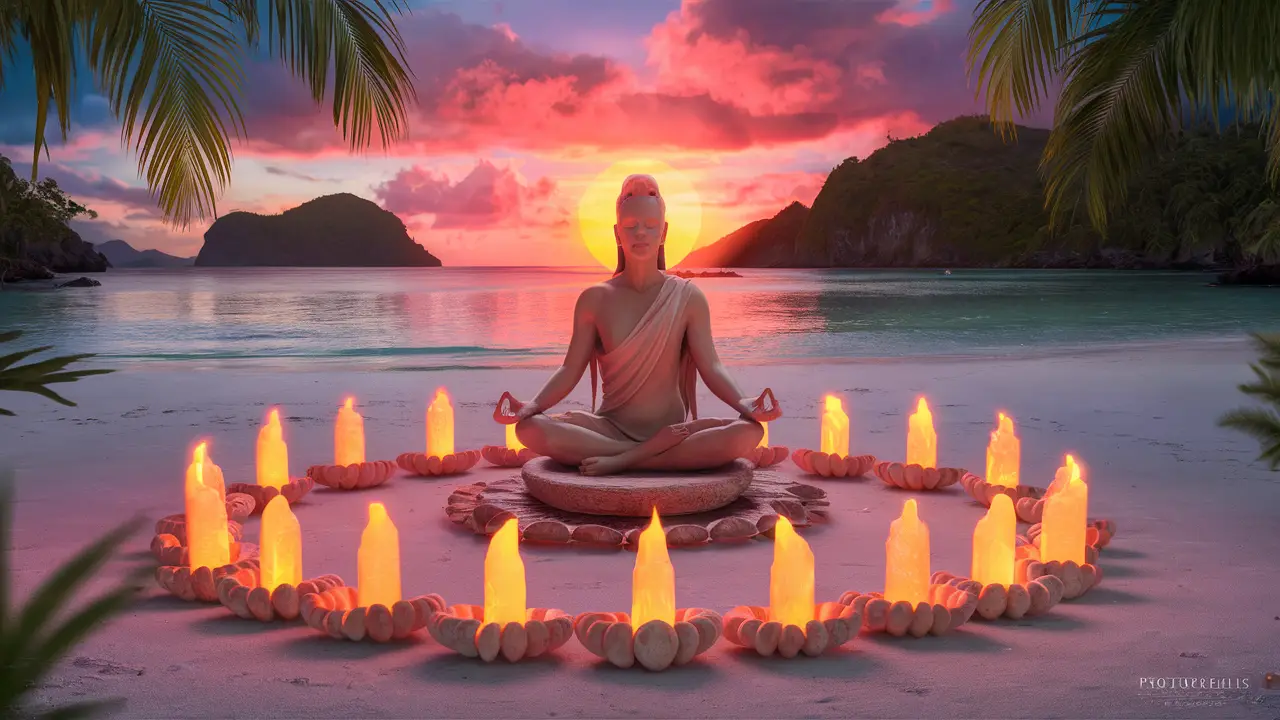 Figura espiritual meditando na praia ao pôr do sol em Búzios, cercada por velas e conchas em círculo, com o oceano ao fundo.