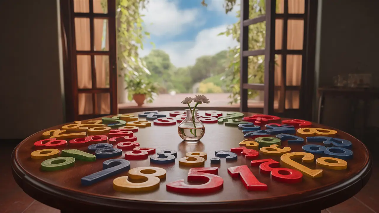 Mesa redonda com números coloridos esculpidos e vaso de flor branca, janela ao fundo com jardim verdejante.
