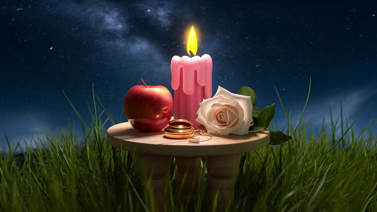 Mesa com vela rosa, maçã vermelha, rosa branca, e medalhão dourado, sobre grama verde sob céu estrelado.