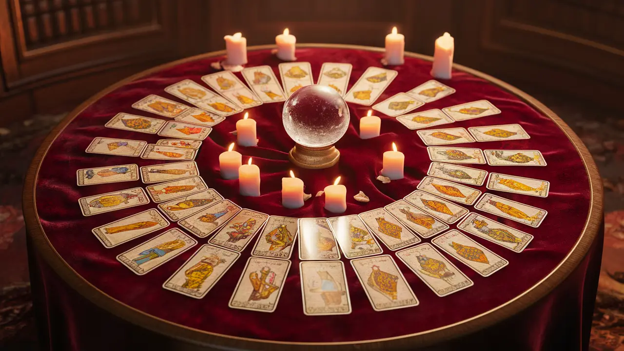 Mesa redonda com cartas de Tarot de Marselha, bola de cristal no centro e velas acesas ao redor, em ambiente com pouca luz.
