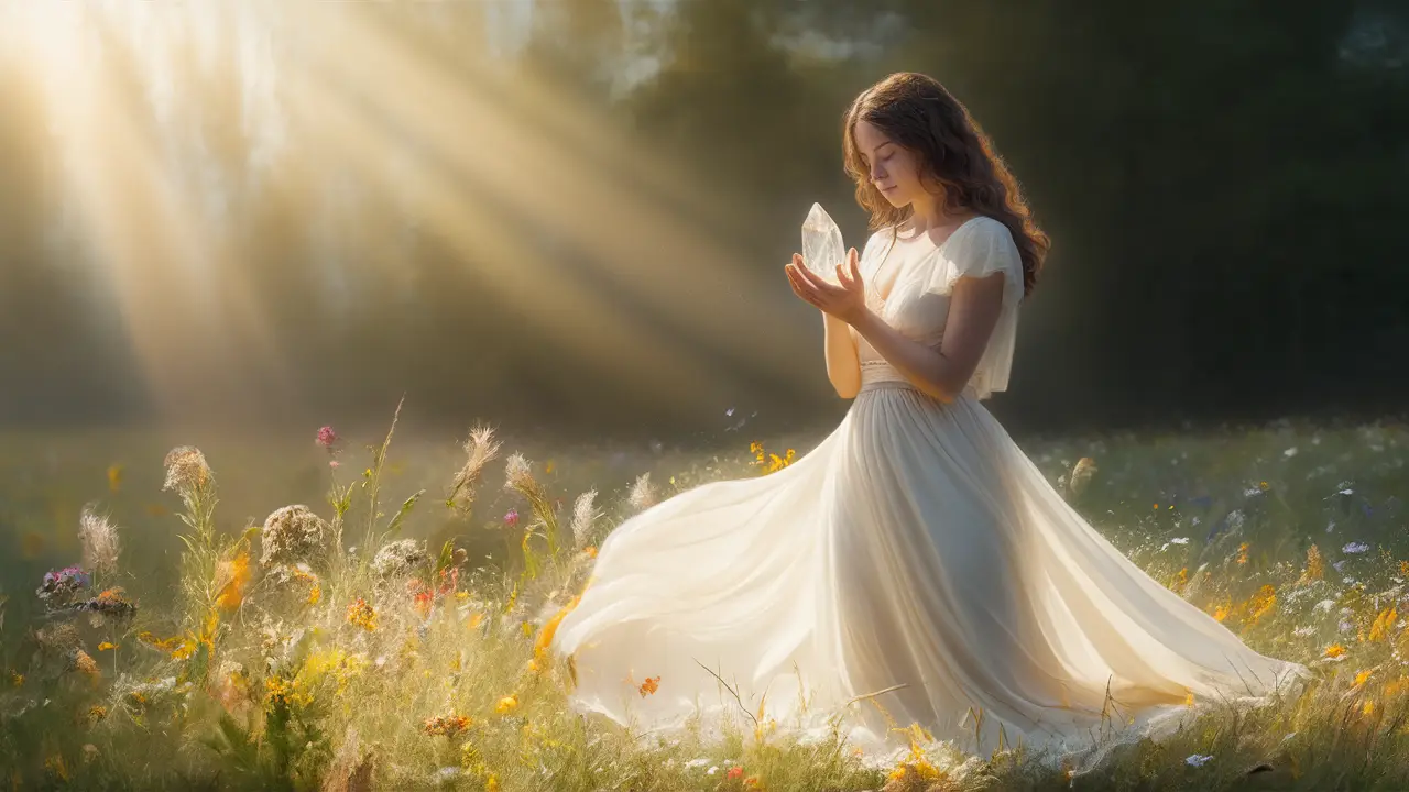 Mulher de vestido branco fluindo segura cristal de quartzo em um prado iluminado pelo sol, cercada por flores silvestres.