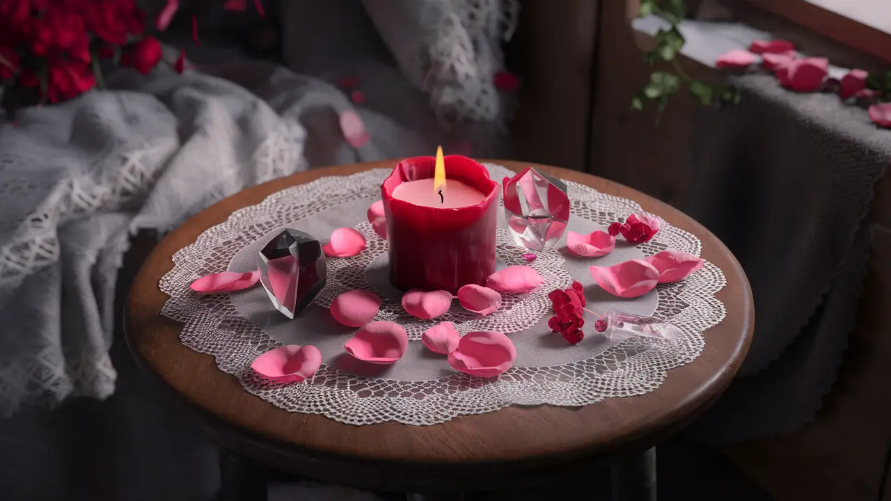 Mesa com pétalas de rosa, vela vermelha, cristal transparente e frasco de líquido rosa, sobre toalhas rendadas brancas.