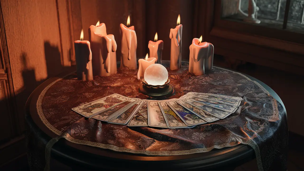 Tarô em mesa redonda com toalha de seda, bola de cristal no centro e velas ao redor em sala pouco iluminada.
