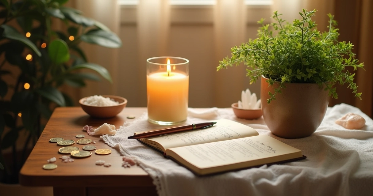 Altar scene with candle, plant, journal, and symbols representing prosperity in warm colors.