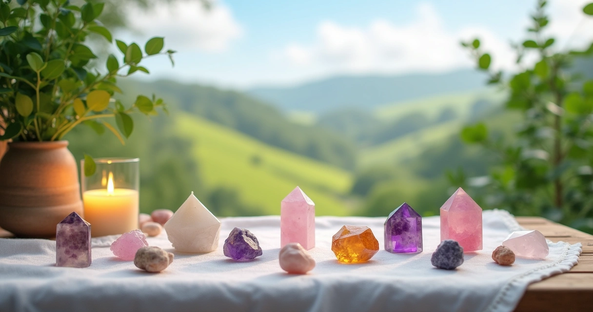 Área de meditação com cristais coloridos sobre uma mesa de madeira, rodeada por plantas verdes e uma vela acesa.