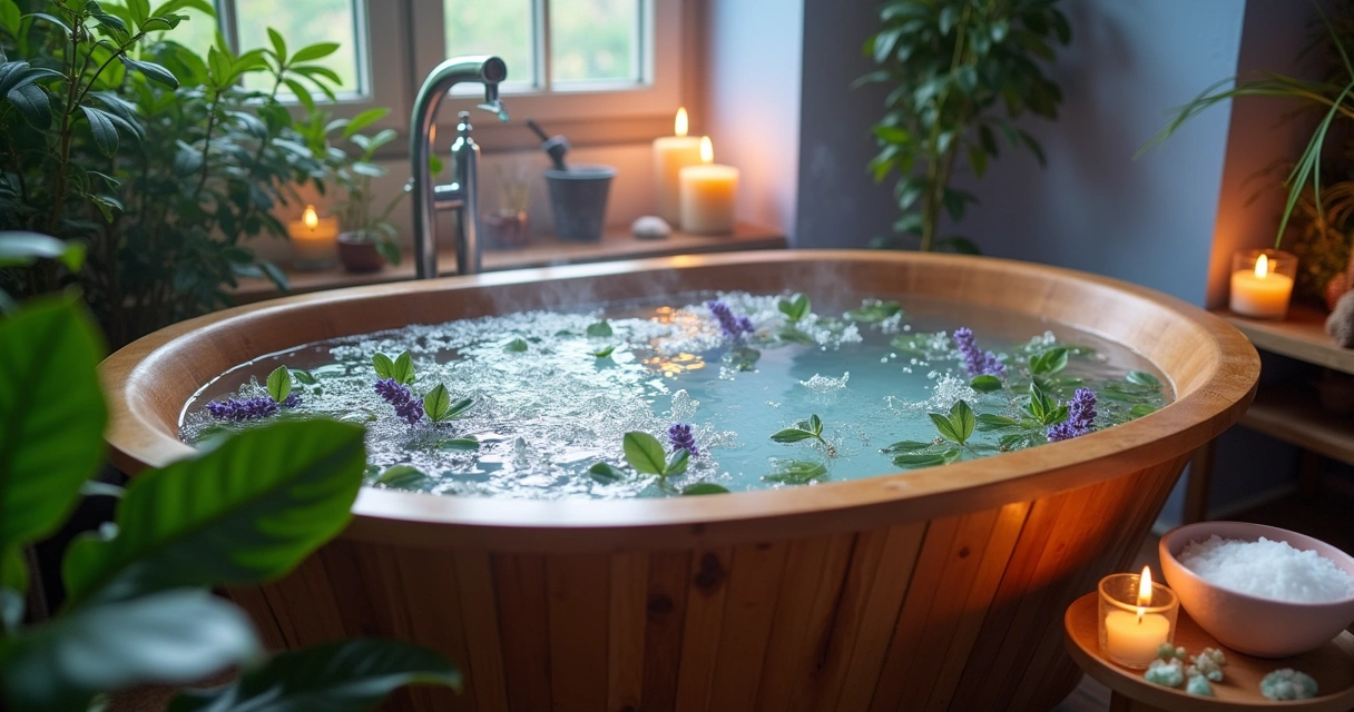 Banheira rústica com água e ervas, velas acesas, plantas verdes, e cristais para banhos energéticos.
